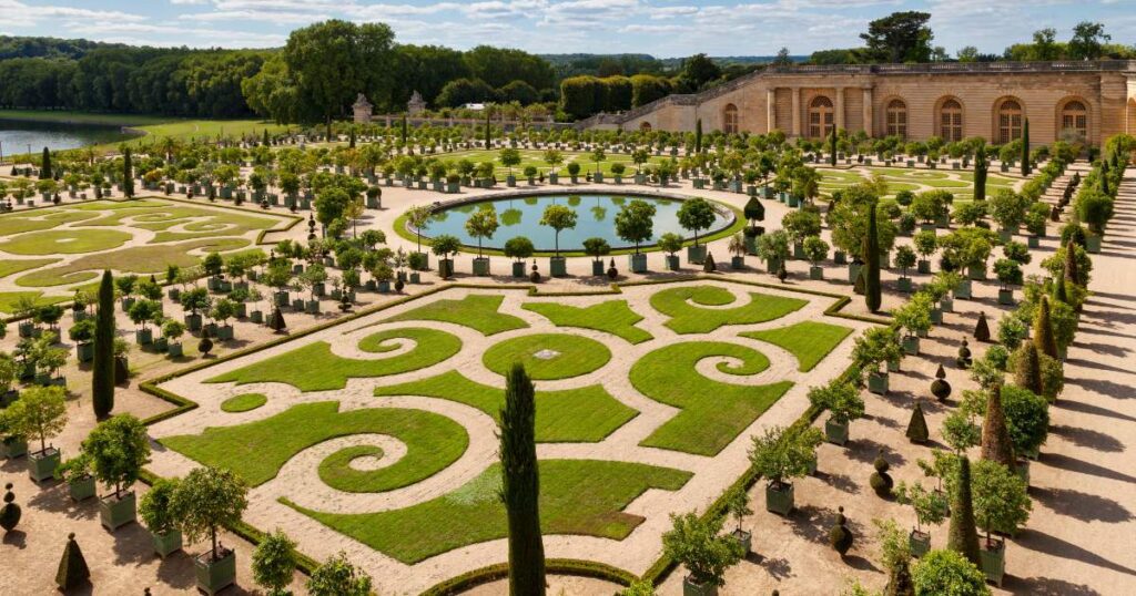 Ornate gardens at Versailles Palace, featuring symmetrical designs, fountains, and manicured hedges.