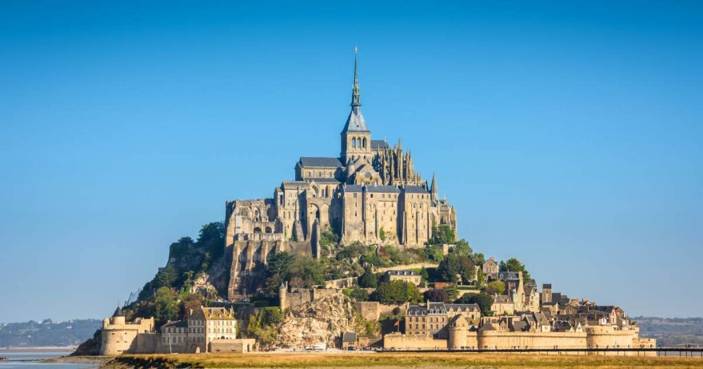 Mont Saint Michel, a historic abbey perched on a rocky island in Normandy, France.