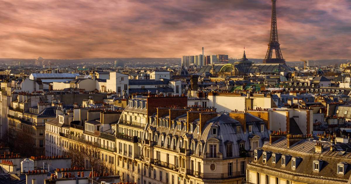 Eiffel Tower at sunset in Paris, France.