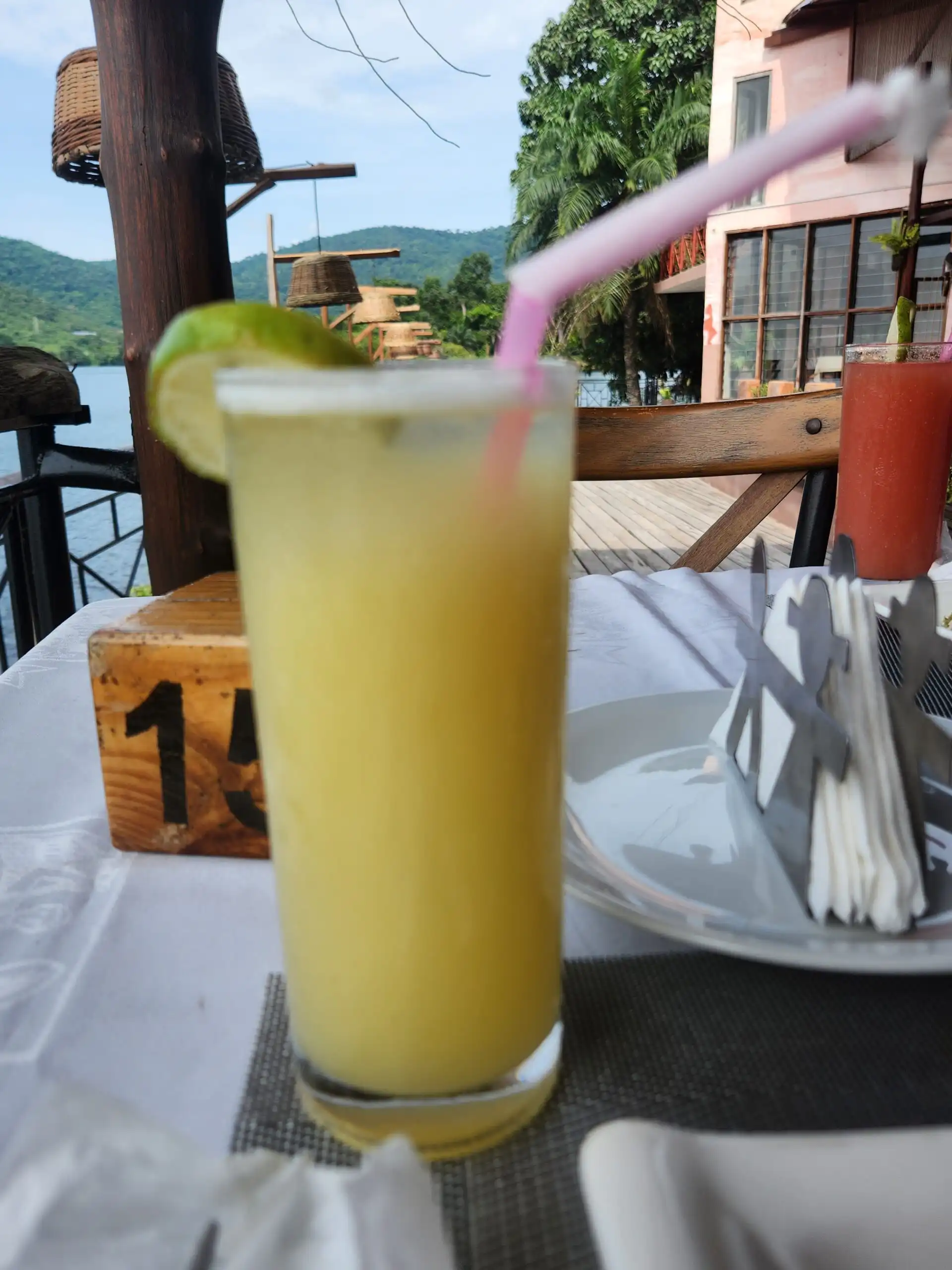 Fruity drink with lime garnish