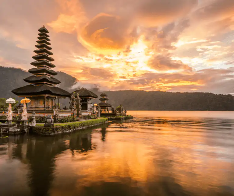 Temple at sunset on lake