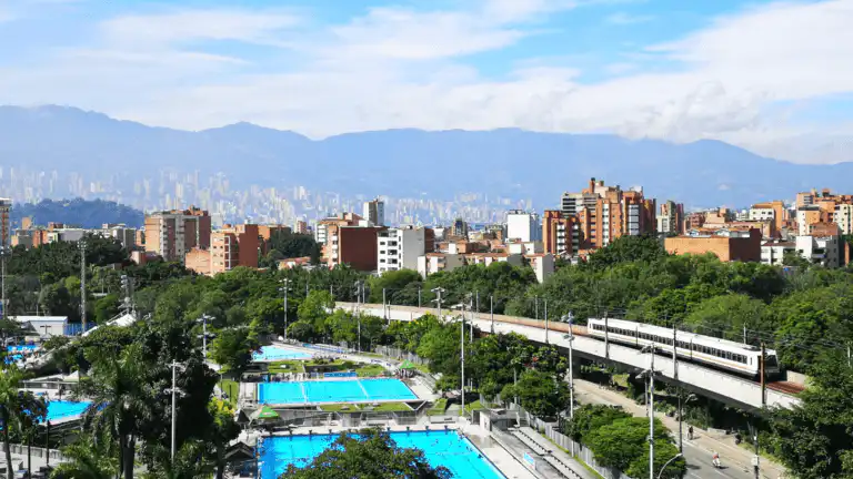 City skyline and metro train