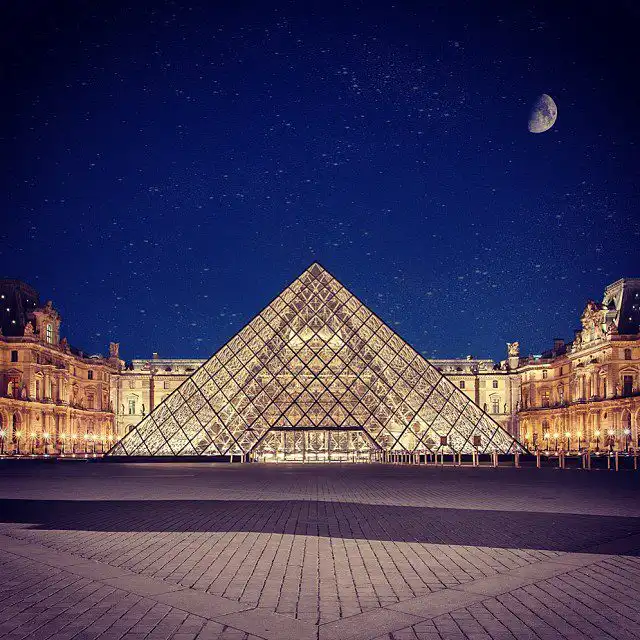 Louvre pyramid at night